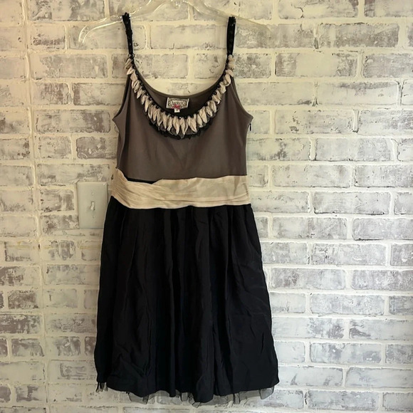 Anthropologie Yoana Baraschi Fit & Flare dress Gray Cream Beaded Ruffle - Picture 1 of 11